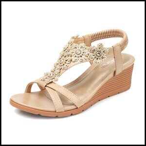 Low Wedge Sandals Platform Open Toe Ankle Strap Bohemian Rhinestone Floral